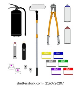 Different items to paint make urban art. Vector illustration flat design.