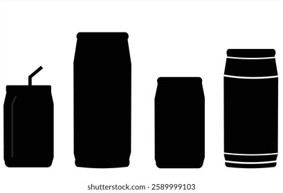 Different iterations of simple vector Soda and Beer cans. Soda can icon, transparent background. Dented soda cans icons set. Beverage, beer and brewing sign and symbol. soda and juice silhouette.