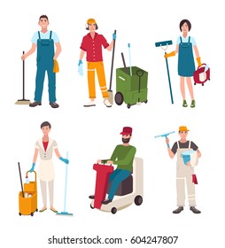 Different janitor set. People with cleaning equipment: window washer, cleaner, sweeper the floor. Man on the washing machine, woman with a broom. Vector illustration in flat style.