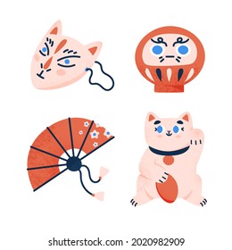 Different Japan elements collection. Traditional Asian toys isolated set. Different ancient culture symbols in cartoon design.