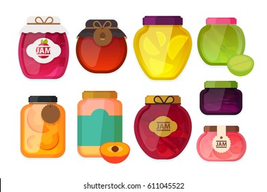 Different jars with fruit jam or syrup.Vector set isolated on white background
