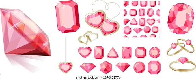 Different jewels isolated on white background. Rubies and gold