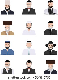 Different jewish old and young men characters avatars icons set in flat style isolated on white background. Differences Israelis ethnic people smiling faces in traditional clothing. Vector.