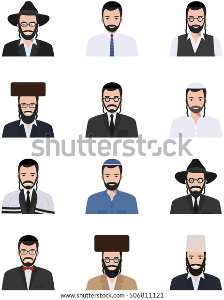 Different\
jewish people characters avatars icons set in flat style isolated\
on white background. Differences Israelis ethnic man smiling faces\
in traditional clothing. Vector\
illustration.