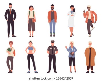 Unterschiedliche Arbeit oder Hobby-Menschen Vektorgrafik-Set. Cartoon-Flachkollektion mit einer Gruppe von weiblichen Arbeiterinnen aus Figuren in Uniform, Geschäftsmann Polizist Arzt Fitness-Trainer einzeln auf Weiß
