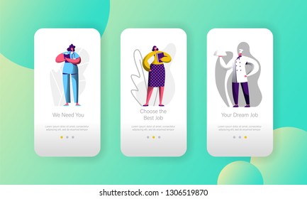 Different Job Vacancy Choose Opportunity Character Mobile App Page Onboard Screen Set. Chef And Doctor Career Candidate. Hr Recruitment Business Website Or Web Page. Flat Cartoon Vector Illustration