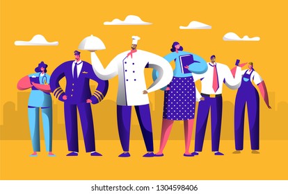 Unterschiedliches Job-Worker-Set für den Feiertag-Banner. Die Gruppe der Menschen arbeitet in Uniform. Chef, Pilot und Arzt Beschäftigung International Service. Vektorgrafik-Vektorgrafik-Illustration für Ingenieurcharakter