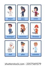 Different jobs and professions, infographic cards set with cute kids, flat vector illustration on white background. Children wearing professional uniform of police officer, fireman, scientist, pilot.