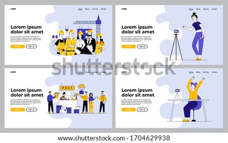 Different jobs set. Vlogger training body on camera, construction team, post office. Flat vector illustrations. Online and offline occupation concept for banner, website design or landing web page