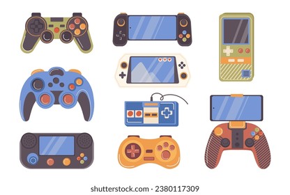 Different joystick, gamepad and control console for computer or mobile phone video game isolated set