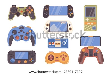 Different joystick, gamepad and control console for computer or mobile phone video game isolated set