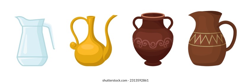 Different Jug and Vessels with Neck and Handle for Interior and Kitchen Use Vector Set