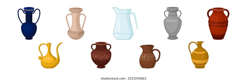 Different Jug and Vessels with Neck and Handle for Interior and Kitchen Use Vector Set