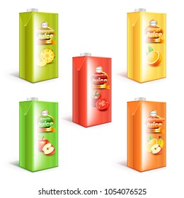 Different juice box packaging 3d realistic vector set