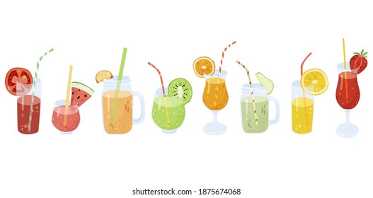 Different juices, cocktails and lemonades isolated collection. Set of various healthy refreshing beverages. Detox drinks in glass cartoon clipart.