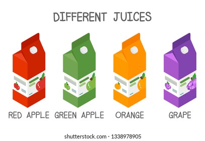 Different juices flavors, red apple, green apple, orange and grape.