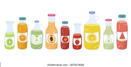 Different juices and lemonades isolated collection. Set of various healthy refreshing beverages. Detox drinks in glass bottles cartoon clipart.