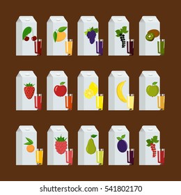 Different juices packs set. Flat vector stock illustration