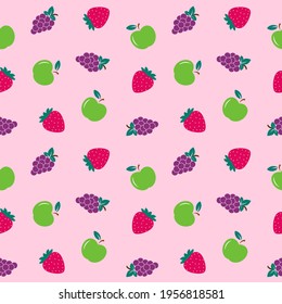 Different juicy fruits and berries, including green apple, red strawberry and purple grapes, on pink background, seamless pattern 