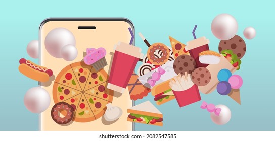 different junk food on smartphone screen unhealthy nutrition junkfood addiction stop fast food concept