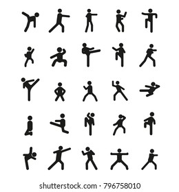 Different karate poses. Vector illustration with different karate poses in black simple silhouette style. elements of sport design and web.