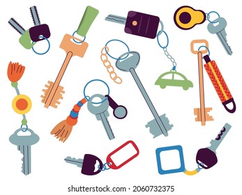 Different key collection. Keys on keychain, elements for opening apartments, cars, diverse padlocks. Property or home accessories, decent vector set