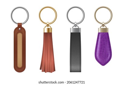 Different keychain, holder trinket for key with golden or silver chain and ring. Realistic template of fob for car, home or office. 3d vector illustration