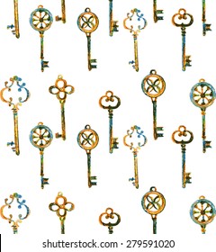 Different keys hand drawn illustration painted coloring pencil isolated on white, seamless vector pattern, decorative background, designed texture, ornament for greeting card, package, wallpaper