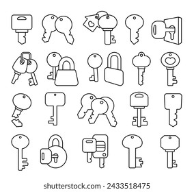 Diferentes llaves con llavero. Página para colorear. Alquiler de casa, propiedad. Estilo dibujado a mano. Dibujo vectorial. Colección de elementos de diseño.