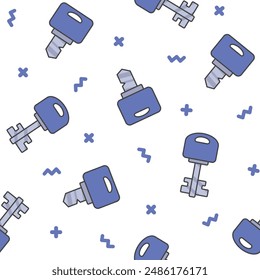 Different keys with keychain. Seamless pattern. Home rental, property. Hand drawn style. Vector drawing. Design ornaments.
