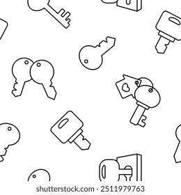 Different keys with keychain. Seamless pattern. Coloring Page. Home rental, property. Hand drawn style. Vector drawing. Design ornaments.