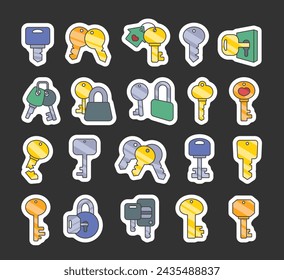 Different keys with keychain. Sticker Bookmark. Home rental, property. Hand drawn style. Vector drawing. Collection of design elements.