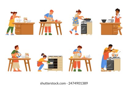 Diferentes niños cocinando Ilustraciones vectoriales planas aisladas en blanco. Niños en delantales haciendo masa, sopa, fritura, corte, uso de estufa.