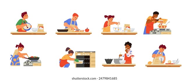 Different kids cooking flat vector illustrations set isolated on white. Children in aprons making dough, soup, frying, cutting, using stove.