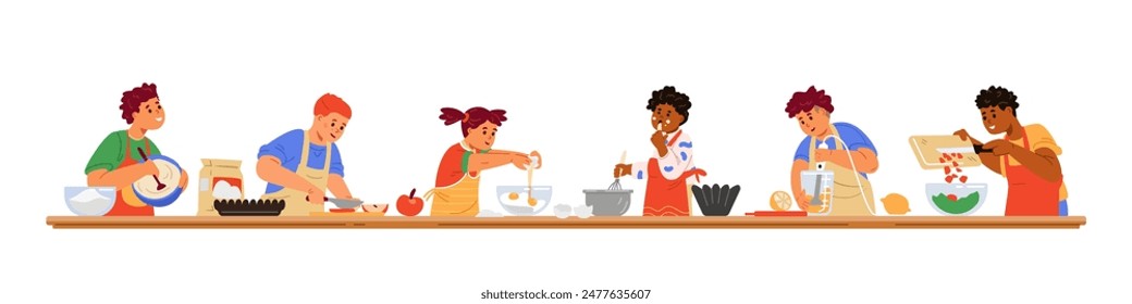 Diferentes niños cocinando juntos en una gran mesa Ilustración vectorial plana aislada en blanco. Niños cocinando juntos.