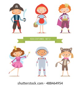 Different kids costumes vector illustration. Children party . Pirate, Red Riding Hood, prince, fairy, astronaut and kitten