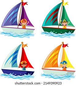 Different kids on sailboats in cartoon style illustration