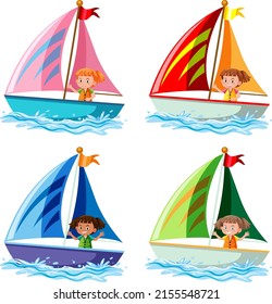 Different kids on sailboats in cartoon style illustration