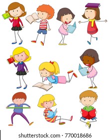 Different kids reading books illustration
