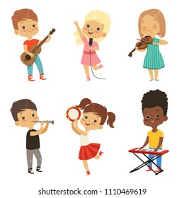 Different kids singing. Musicians isolate on white. Vector musician young, singer with microphone, performance, talent performer illustration