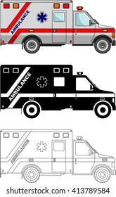 Different kind ambulance cars isolated on white background in flat style: colored, black silhouette and contour. Vector illustration. Detailed illustration of ambulance cars.