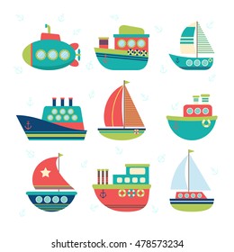 Different kind of boats. Set of sea transport. Fishing boats, yachts and sailboats. Vector illustration