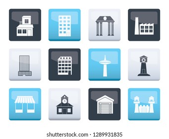 different kind of building and City icons over color background - vector icon set