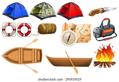 Different kind of camping equipments and boats