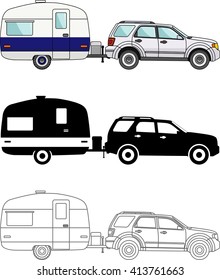 Different kind car and travel trailers isolated on white background in flat style: colored, black silhouette and contour. Vector illustration. Modern caravan.