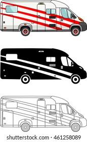 Different kind car and travel trailers isolated on white background in flat style: colored, black silhouette and contour. Modern caravan. Vector illustration.