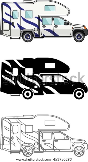 Different kind car and travel\
trailers isolated on white background in flat style: colored, black\
silhouette and contour. Modern caravan. Vector\
illustration.