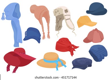 Different kind of cartoon hats set collection isolated.