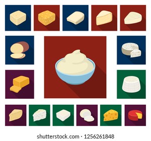 Different kind of cheese flat icons in set collection for design.Milk product cheese vector symbol stock web illustration.