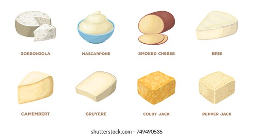 Different kind of cheese icons in set collection for design.Milk product vector symbol stock web illustration.